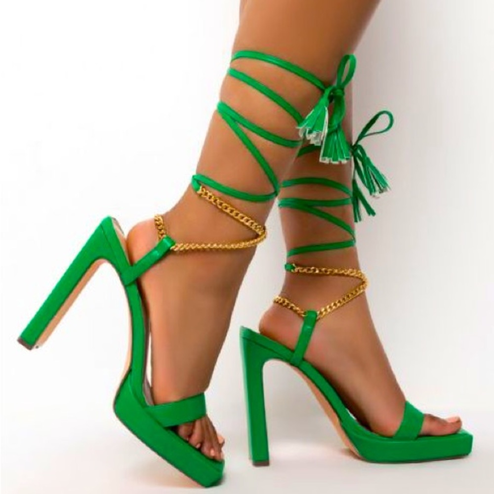 Azalea Wang Green Vegan Leather Lave Up High Heel Sandals